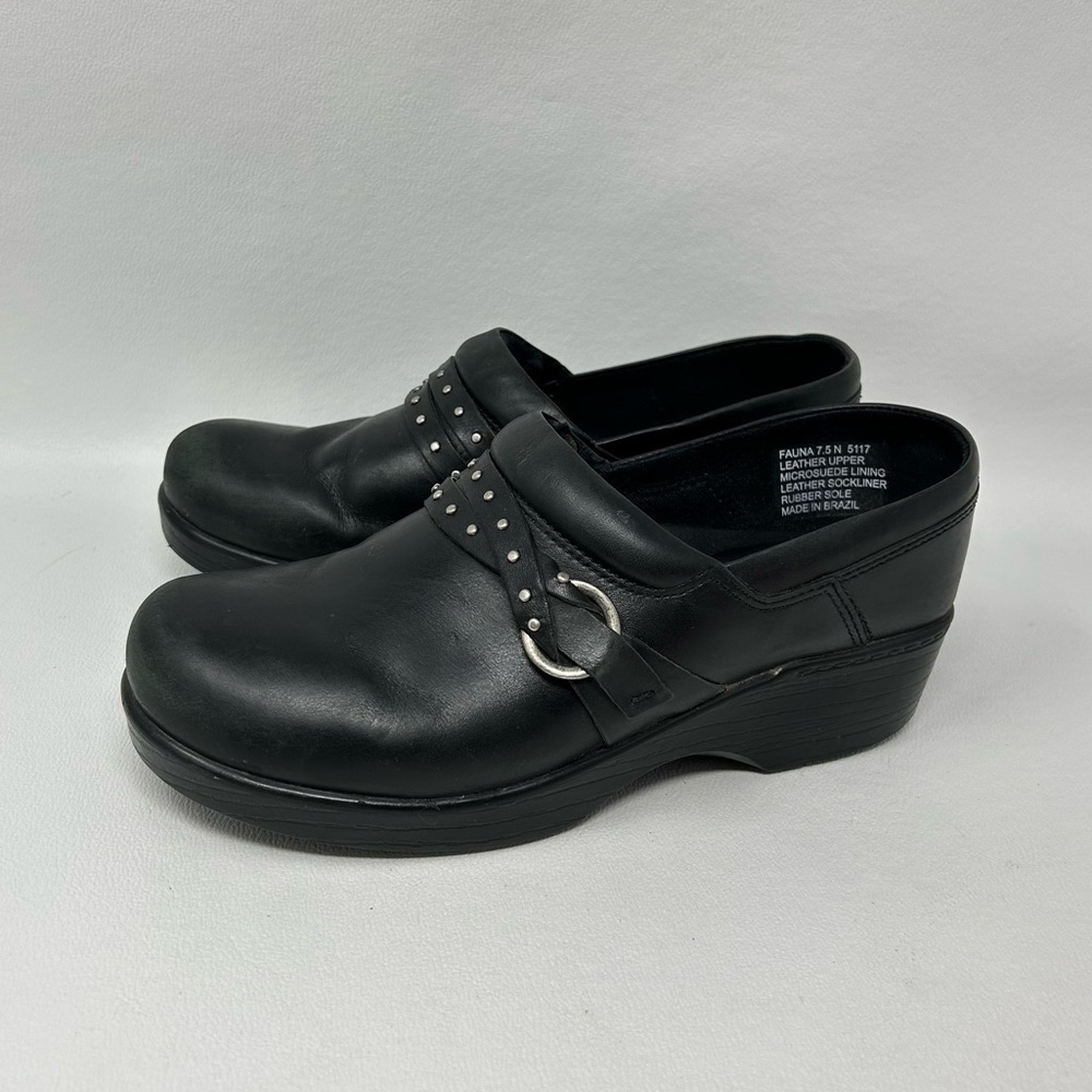 ABEO " Fauna" women's 7.5N black leather slip on clogs Studded embellishments
